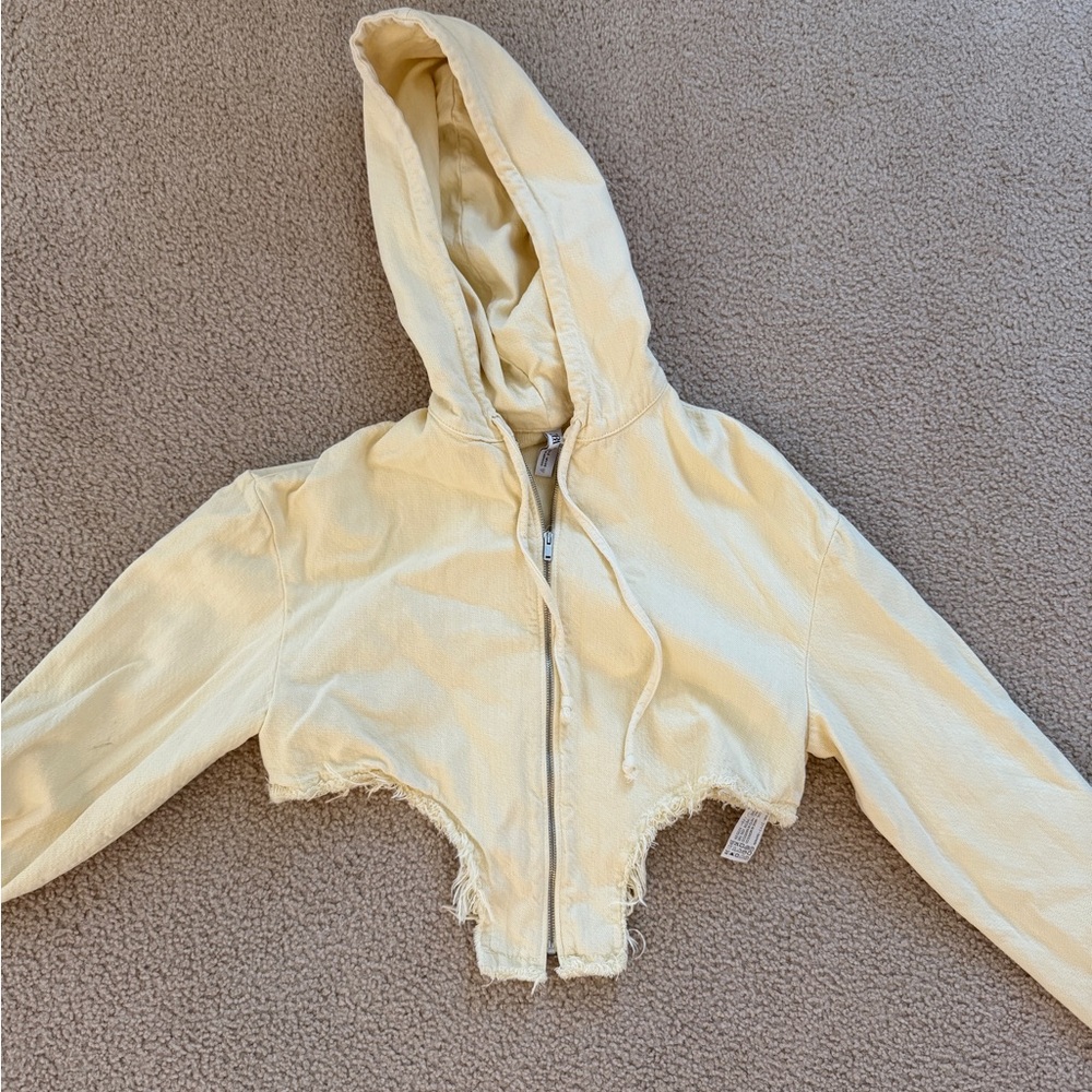 Zara Yellow Cropped Jacket with Frayed Hem